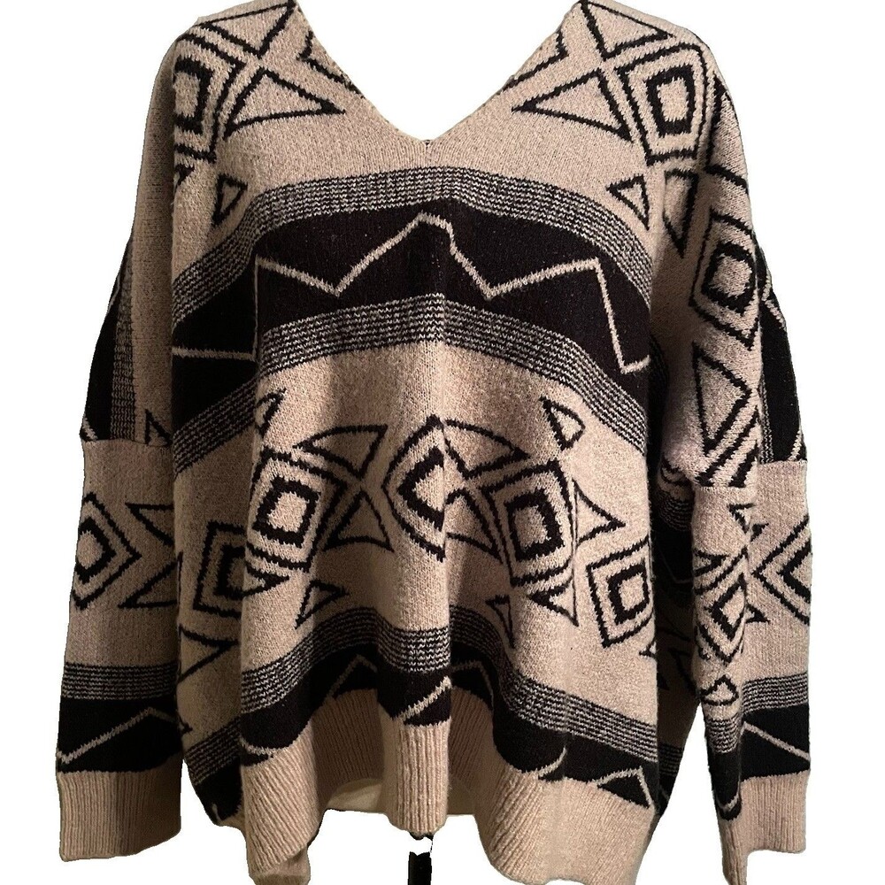 POL Southwestern Aztec Geometric V-Neck Oversized Sweater Boho Small